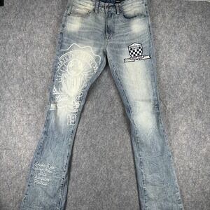 Smoke Rise Jeans Mens 30x36 Stacked Flared Fit Patch Loud Proud Champion Denim